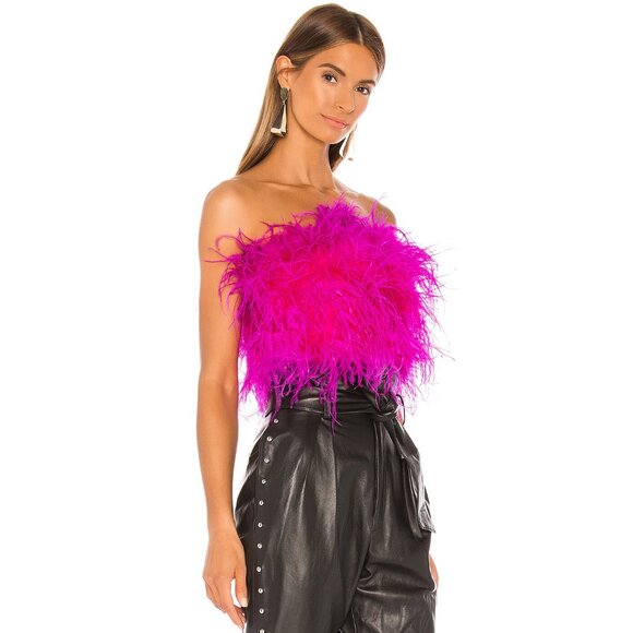 💥CHIC SEXY GLAM💥REVOLVE BARDOT LUXURIOUS OSTRICH FEATHER BANDEAU IN PINK SHOCK
